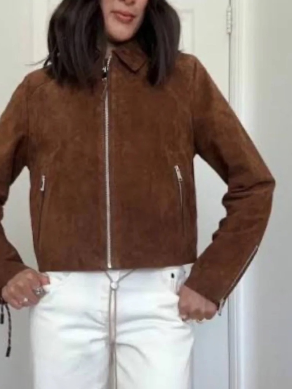 NWT ZARA Brown 100% Genuine Suede Leather Cropped Zip Up Jacket